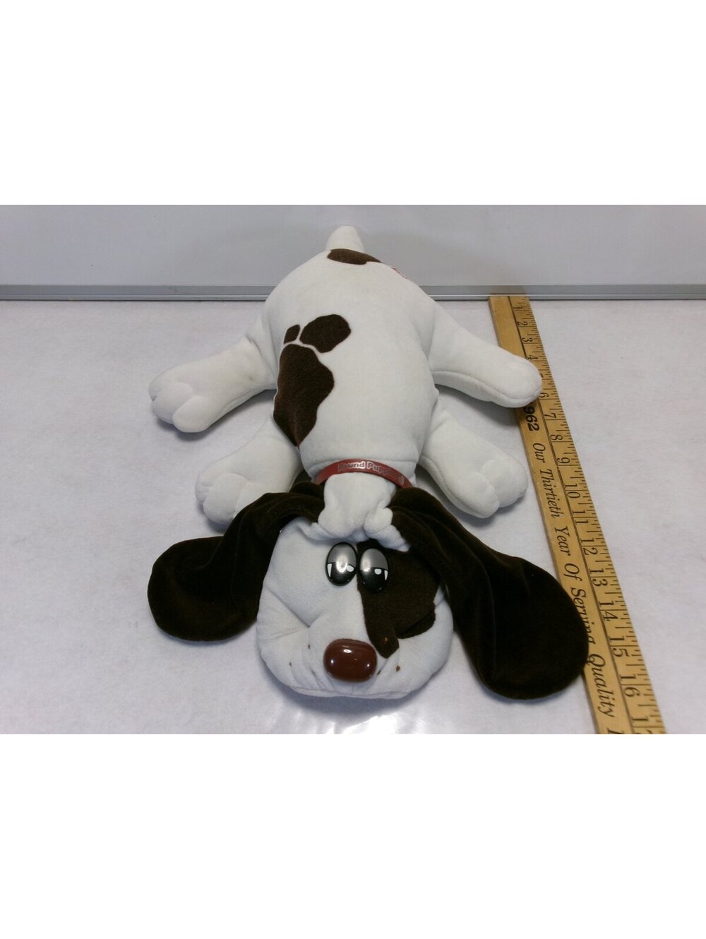 Pound Puppies Plush White Brown Spots Floppy Ears Red Collar Dog